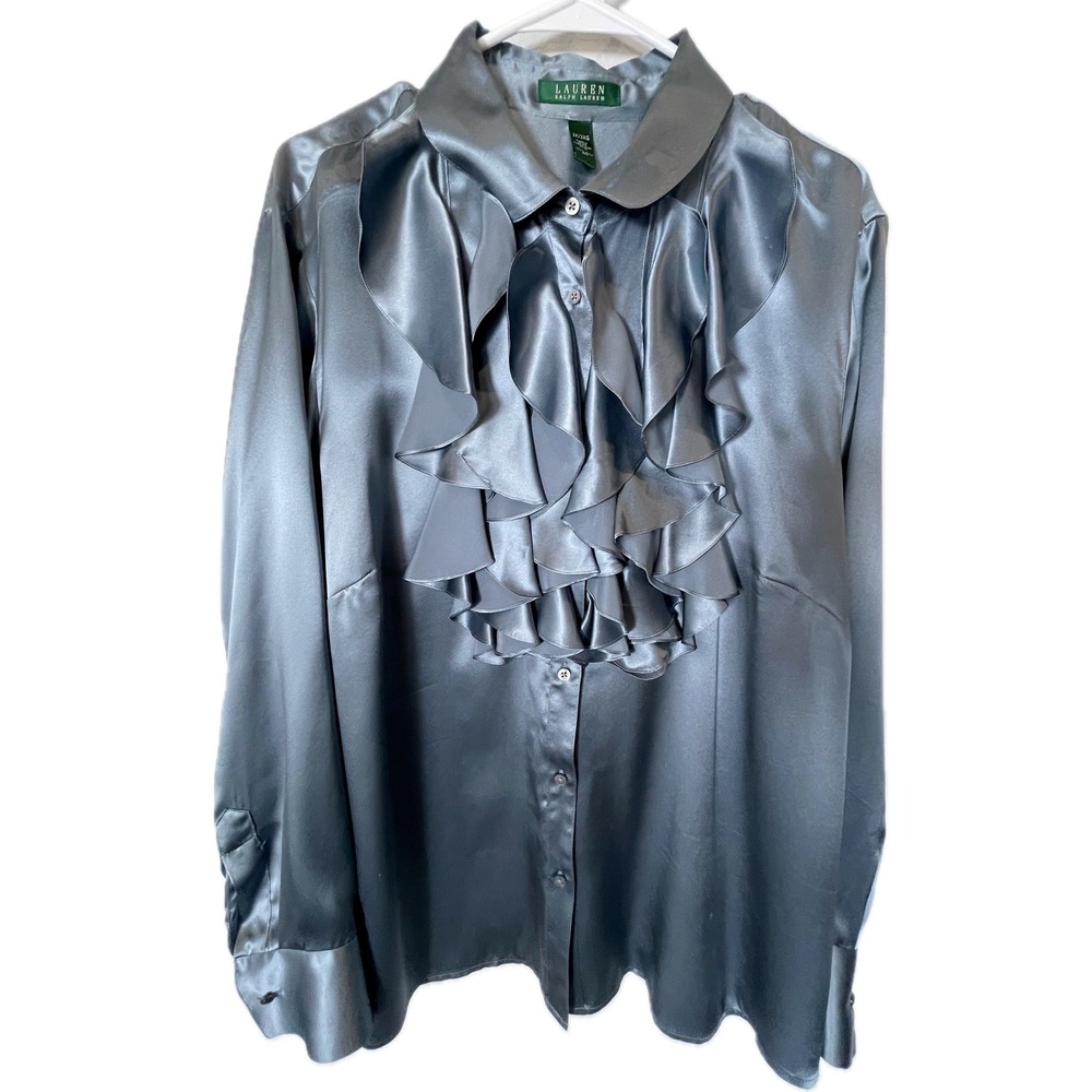 Lauren Ralph Lauren Ruffle Front Silk Blouse 2X Grey Satin Jabot Long Sleeve